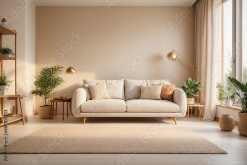 Elegant contemporary living room interior decorated in cozy beige tones. home interior design of modern living room. © BNMK0819