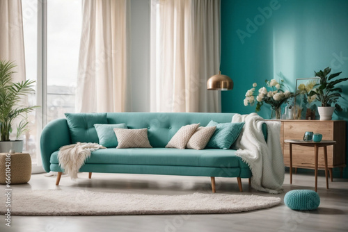 Elegant contemporary living room interior decorated in cozy turquoise tones. home interior design of modern living room.