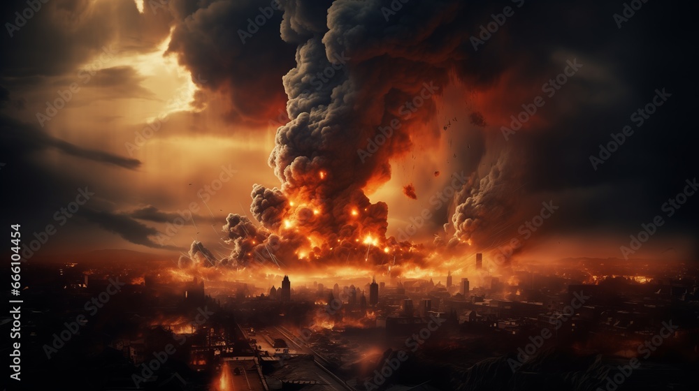 Airstrike on the city, burning houses. nuclear explosion, misery and ominous concept, dim theme