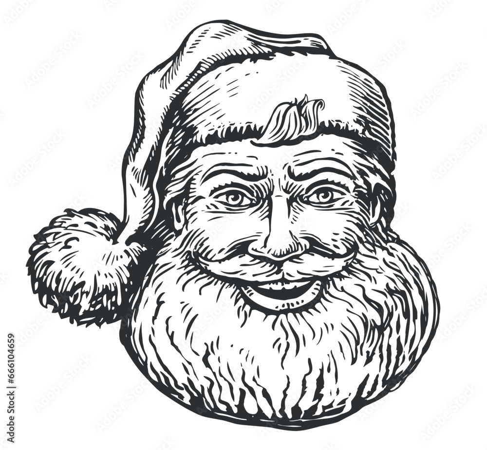 Smiling cute Santa Claus in hat hand drawn in sketchy style. Christmas symbol vintage vector illustration Smiling cute Santa Claus in hat hand drawn in sketchy style. Christmas symbol vintage vector illustration