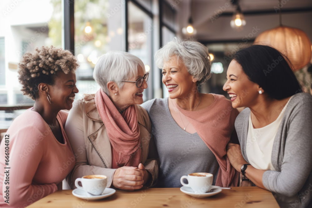 Happy smiling middle aged female friends sitting in a café laughing and giving support each other. They are celebrate a long friendship