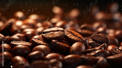  a pile of coffee beans with rain falling down on them. generative ai