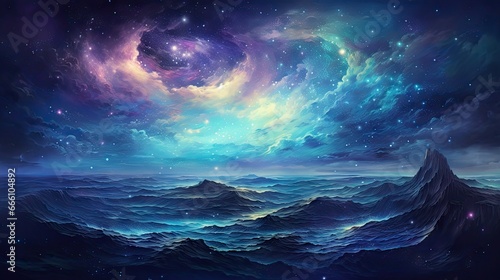  a painting of the ocean with a sky full of stars. generative ai