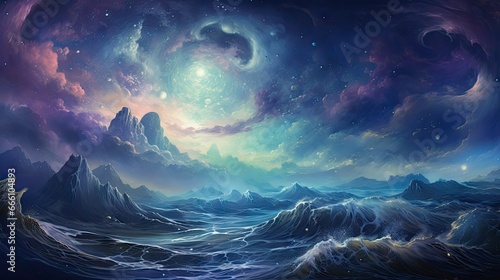  a painting of an ocean scene with mountains and a star filled sky.  generative ai