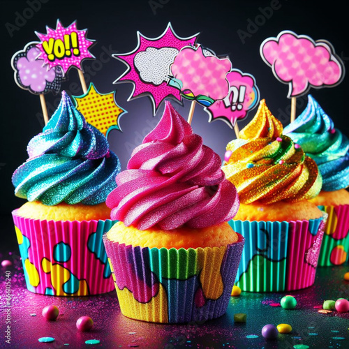 Cup Cake pop art style vector muticolor sur fond noir avec icing à la crème et topping avec des perles de sucre et des pancartes photo
