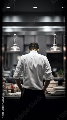 view from behind of a chef cooking