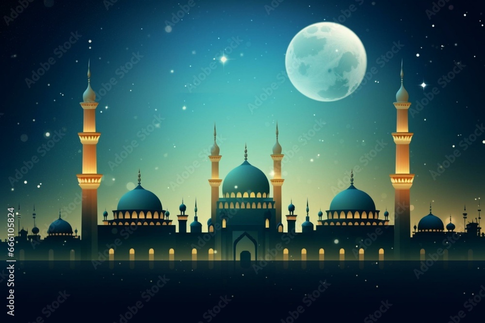 Islamic greetings for Ramadan with moon and mosque background. Generative AI