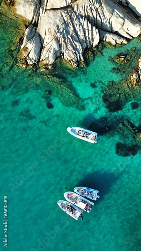 Aerial view of the emerald colored sea water of Sardinia, Italy 