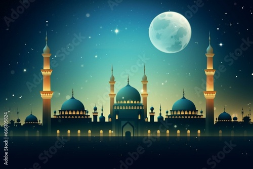 Islamic greetings for Ramadan with moon and mosque background. Generative AI