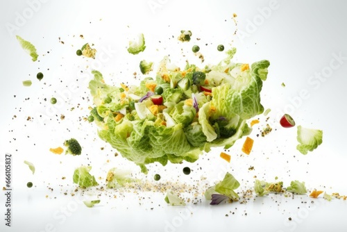 Cascading Caesar salad falling. Plate diet dish. Generate Ai