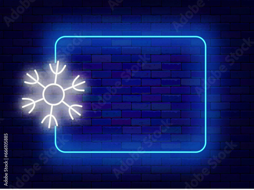 Winter December neon advertising. Snowflake and empty blue frame. Season holiday. Vector stock illustration