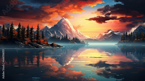  a painting of a sunset over a lake with a mountain in the background. generative ai