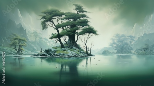  a painting of a tree on a small island in the middle of a lake.  generative ai