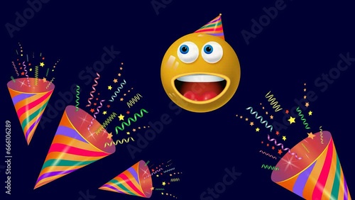 A popper explosion at a party. Cute, yellow funny badge, smiling face. A place to copy.