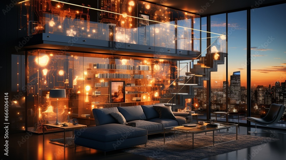 A sophisticated bookcase, a cozy chair, and artificially intelligent lighting adorn a modern environment..