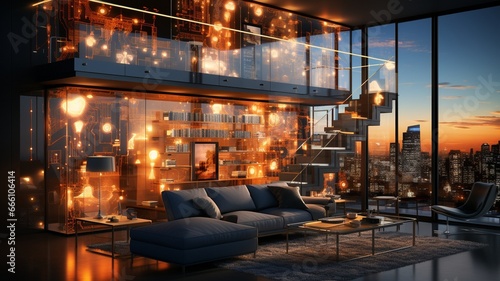 A sophisticated bookcase, a cozy chair, and artificially intelligent lighting adorn a modern environment.. © Sawitree88