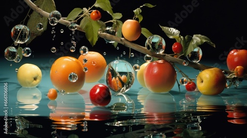  a group of fruit sitting on top of a table next to water. generative ai