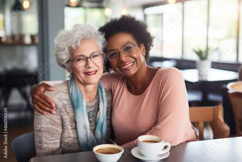  Happy smiling middle aged female friends sitting in a café laughing and giving support each other. They are celebrate a long friendship