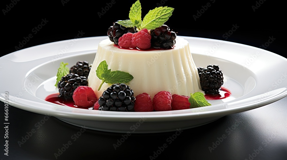 a dessert with berries and cream on a white plate on a black table. generative ai a dessert with berries and cream on a white plate on a black table. generative ai