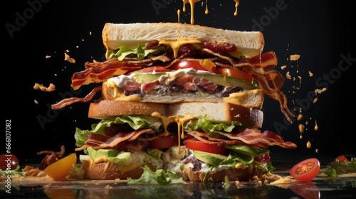 a large sandwich with bacon, lettuce, tomato, and cheese. generative ai