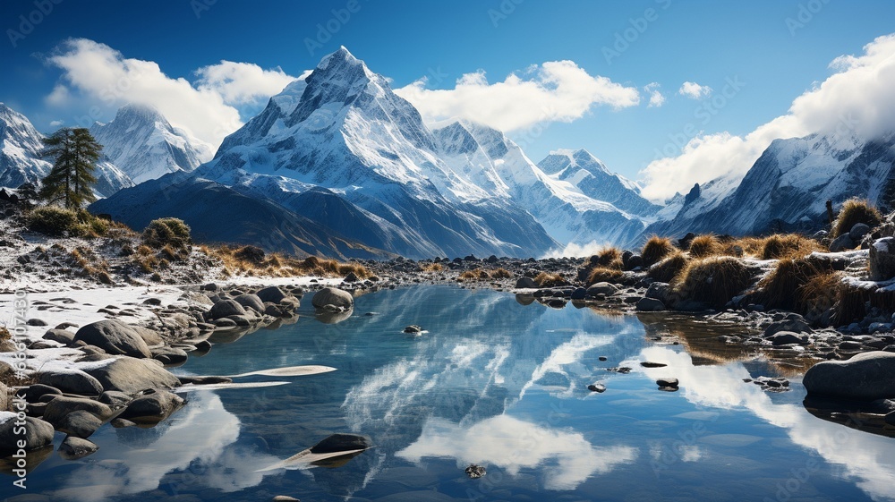 A panoramic view of a placid lake encircled by majestic snow-capped mountains, with the breathtaking alpine landscape reflected in the crystal-clear blue water.. A panoramic view of a placid lake encircled by majestic snow-capped mountains, with the breathtaking alpine landscape reflected in the crystal-clear blue water..
