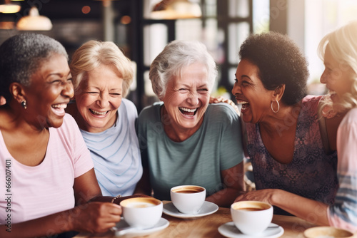 Happy smiling middle aged female friends sitting in a caf   laughing and giving support each other. They are celebrate a long friendship