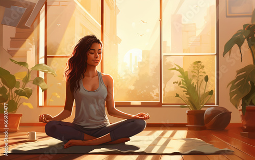 Women practicing yoga illustration,created with Generative AI tecnology.