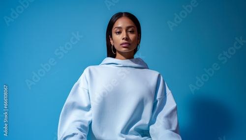 Young woman in blue outfit in a fashion portrait