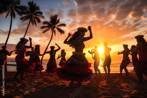 Celebrating Christmas in Hawaii. Smiling Hawaiian woman at Luau celebration with flower garlands and traditional dancing. photo