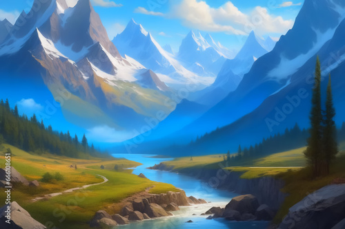 A beautiful river quietly floats among the high mountains.. Fantasy. AI