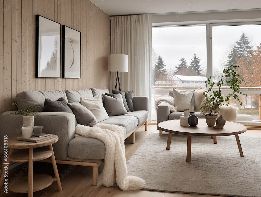 Fototapeta premium A living luxurary room of a beautiful bright modern Scandinavian style house, generative AI 