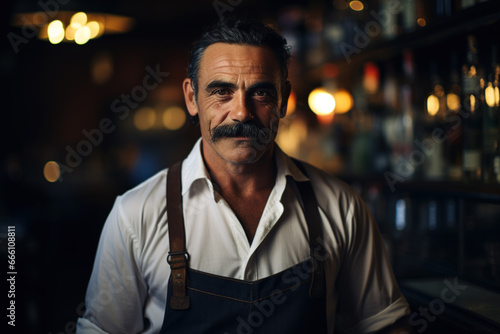 Handsome middle aged man bartender standing at bar and looking at camera
