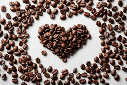 Coffee Beans Arranged in the Shape of a Heart on a Neutral Grey Background, A Top-Down View Perfect for a Valentine's Day Brew
