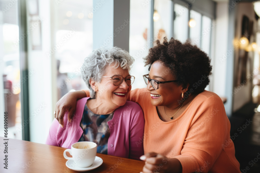 Happy smiling middle aged female friends sitting in a café laughing and giving support each other. They are celebrate a long friendship Happy smiling middle aged female friends sitting in a café laughing and giving support each other. They are celebrate a long friendship
