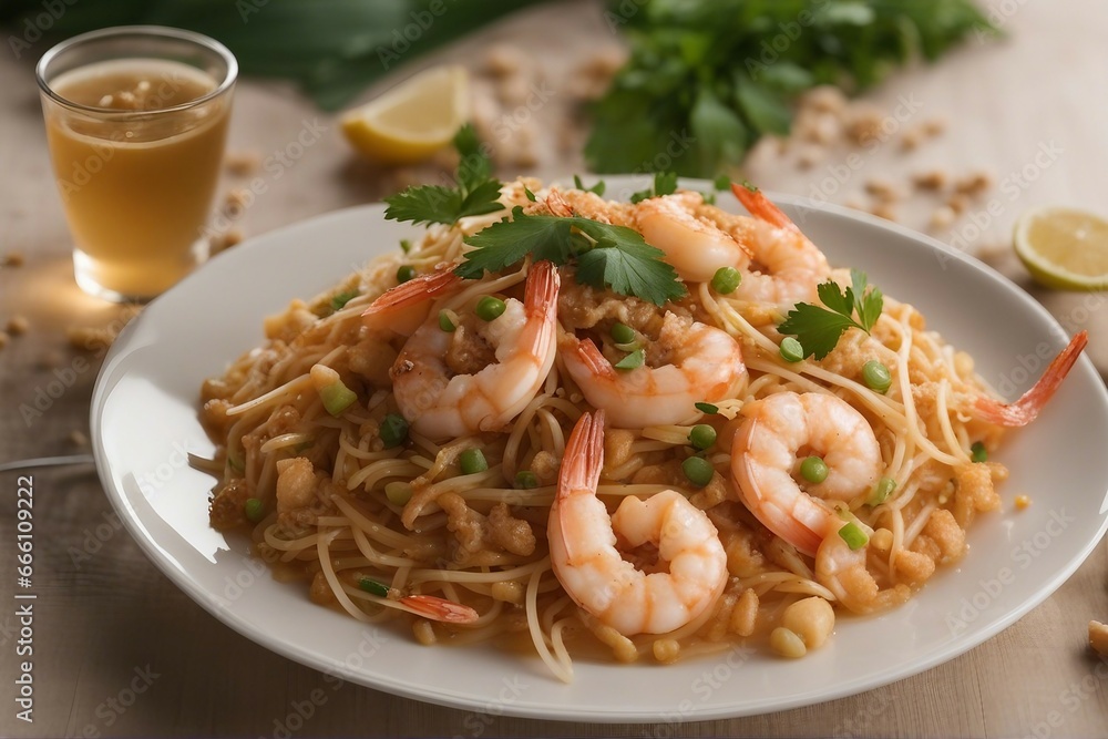 A Plate of Shrimp Pad Thai, Expertly Crafted with Flavorful Noodles, Prawns, and a Symphony of Thai Spices