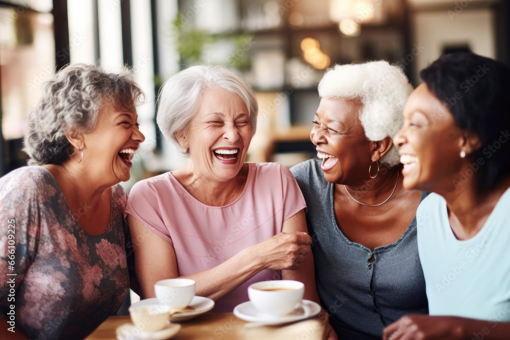 Happy smiling middle aged female friends sitting in a café laughing and giving support each other. They are celebrate a long friendship Happy smiling middle aged female friends sitting in a café laughing and giving support each other. They are celebrate a long friendship