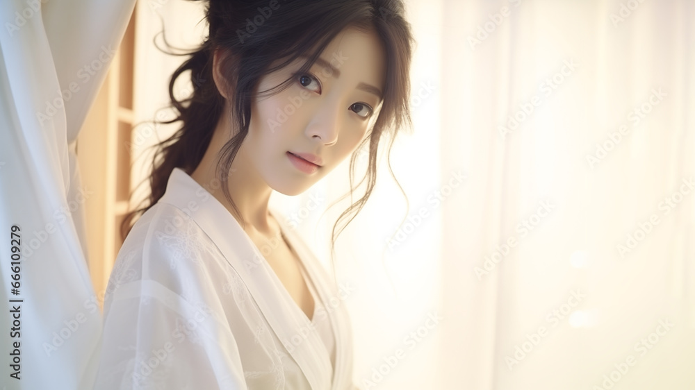 Asian female in comfortable pajamas wake up in the morning with happiness