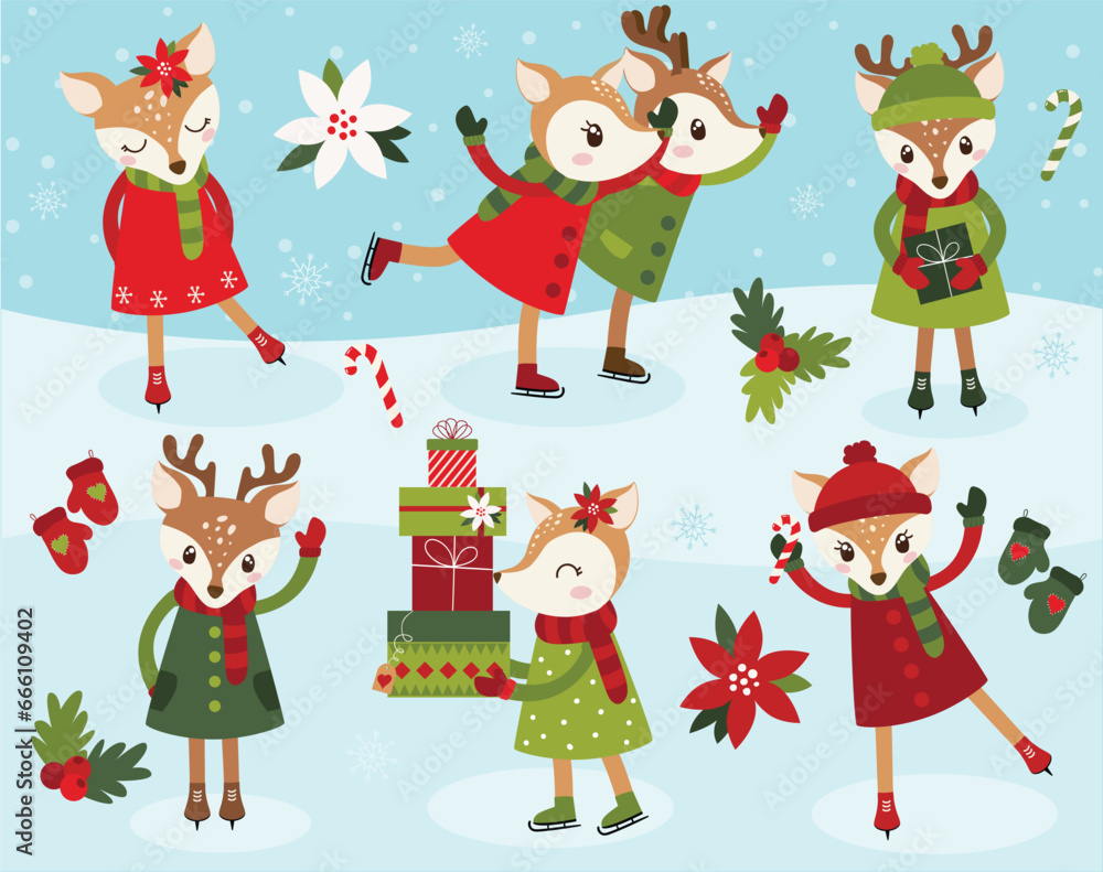 Christmas reindeer, ice skates, ice skating
