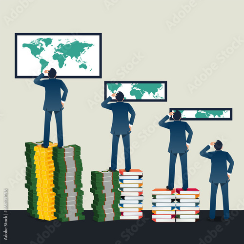 Businessman standing on a pile of books, money and gold bar getting taller looking at world getting wider design vector illustration