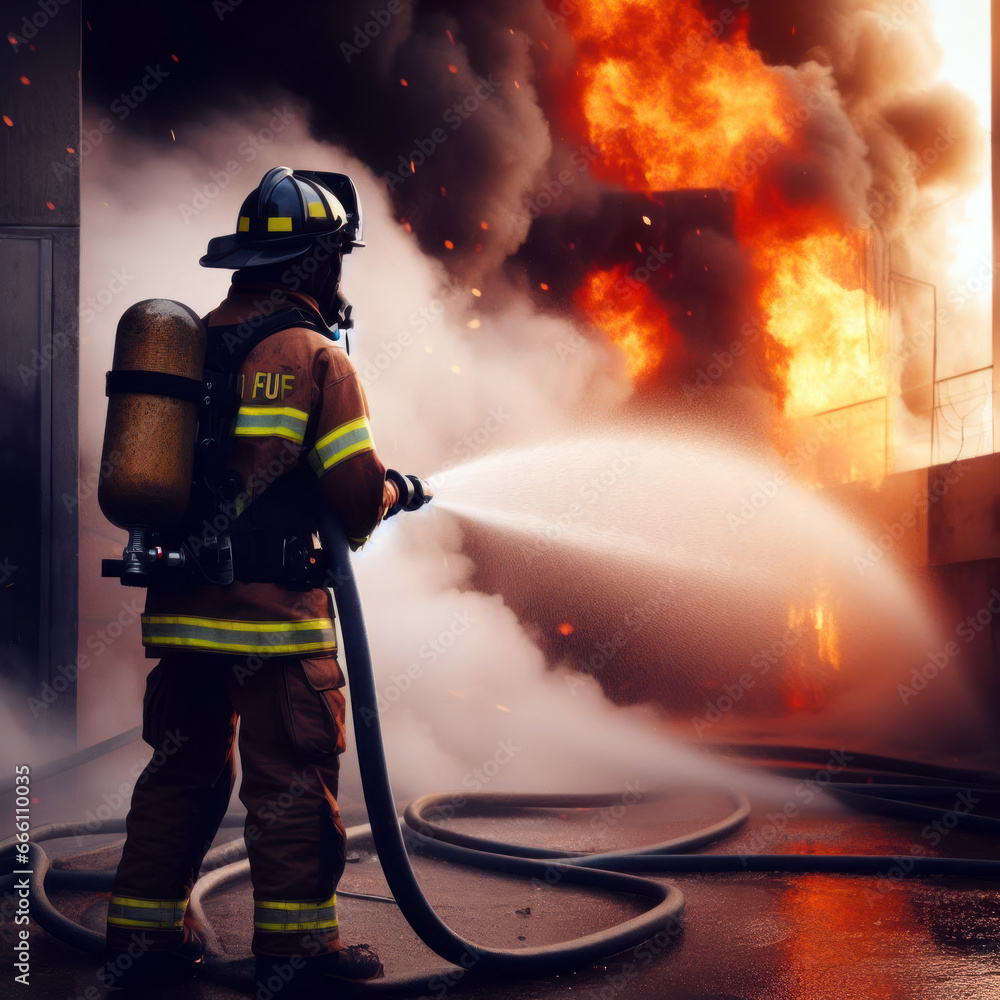 Naklejka premium emergency firefighters extinguisher put out fire on a burning building