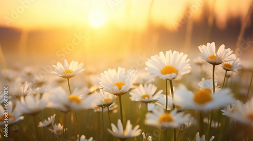 Fototapeta Naklejka Na Ścianę i Meble -  The landscape of white daisy blooms in a field, with the focus on the setting sun. The grassy meadow is blurred