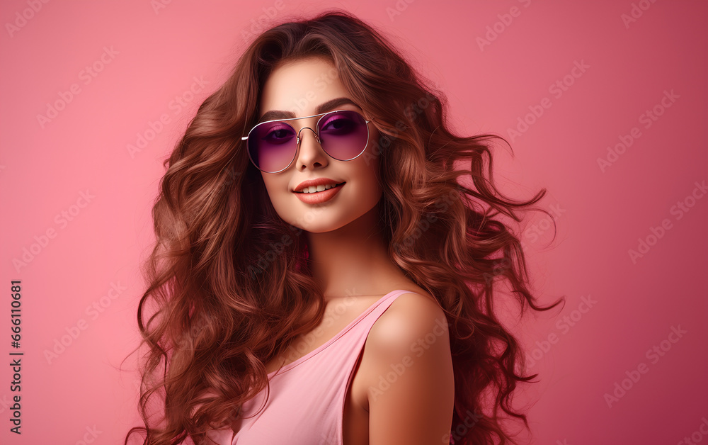 Young beautiful woman wearing eyeglasses with long hair is having fun on pink background
Young beautiful woman wearing eyeglasses with long hair is having fun on pink background