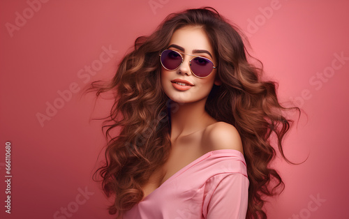 Young beautiful woman wearing eyeglasses with long hair is having fun on pink background 