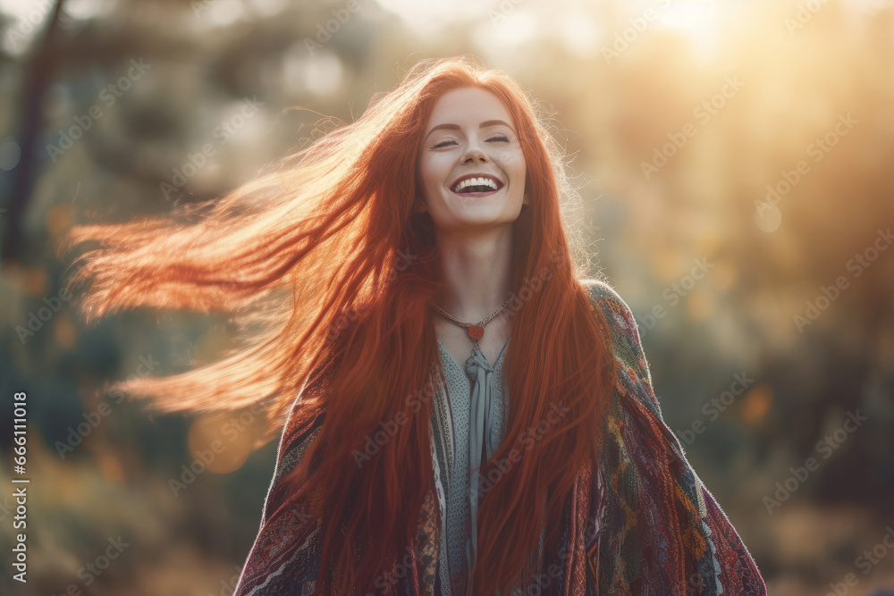 Young happy woman with red long hair, AI generated Young happy woman with red long hair, AI generated