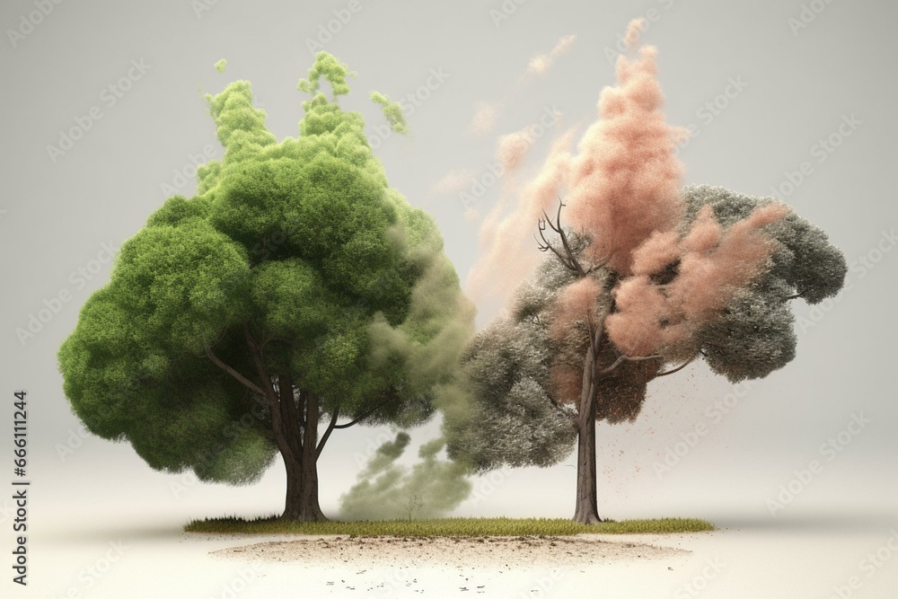 A concept showing the impact of climate change on a tree, with one part representing healthy nature and green energy, and the other showing industrial pollution and conventional. Generative AI - obrazy, fototapety, plakaty 