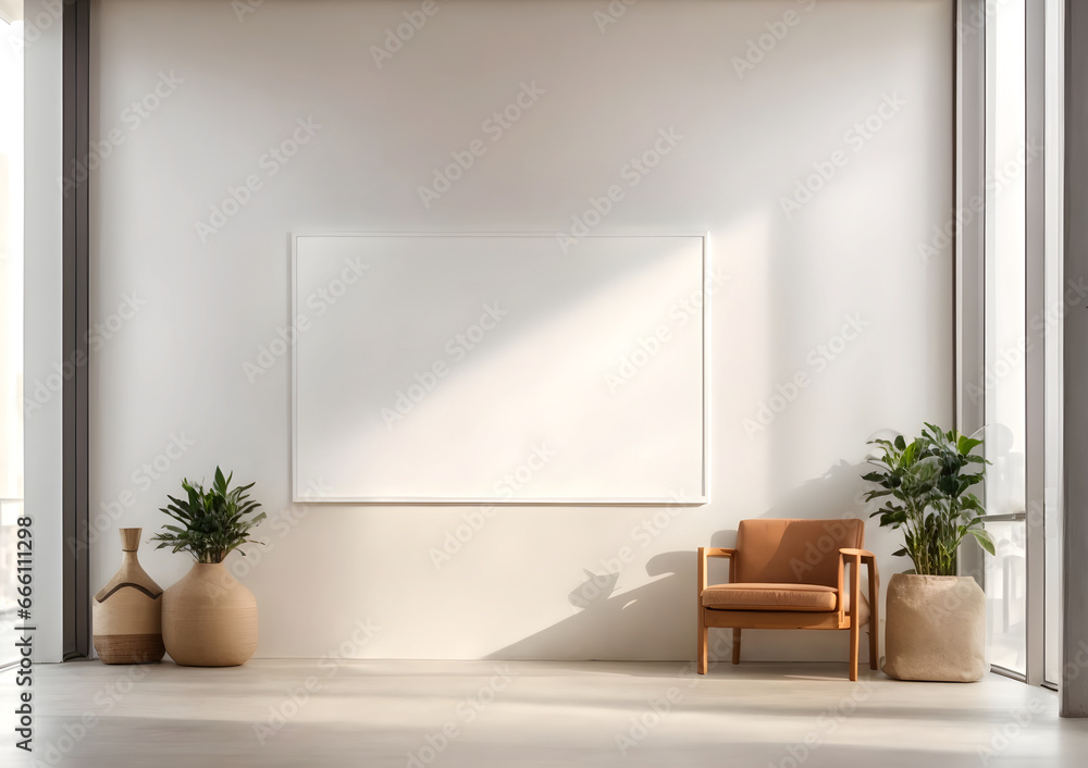 Fototapeta premium blank white poster on light wall in a modern office corridor interior