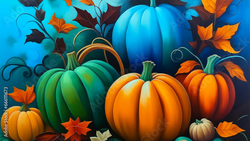 Pumpkins. Oil painting. Halloween background. AI