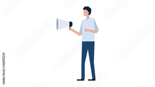 Male promoter in business clothes standing with megaphone. Shouting through the loudspeaker. Isolated vector illustration in cartoon style
