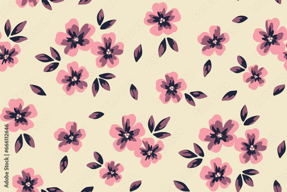 Seamless floral pattern, liberty ditsy print with simple small flowers in vintage style. Cute botanical design: tiny hand drawn plants, purple flowers, leaves on a light field. Vector illustration. - obrazy, fototapety, plakaty 