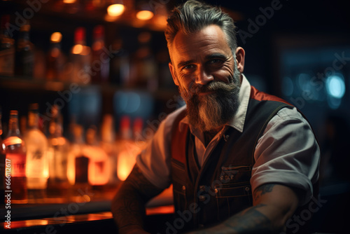 Smiling rocker biker sitting in a pub at bar counter, portrait